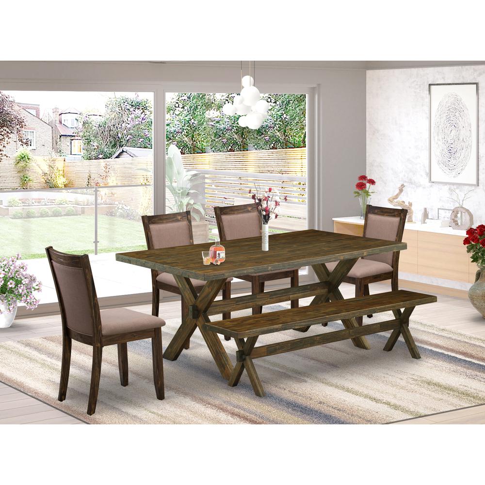 East West Furniture 6 Piece Dining Set- A Distressed Jacobean Top Wooden Table in Trestle Base with Small Wood Bench and 4 Coffee Linen Fabric Kitchen Chairs - Distressed Jacobean Finish