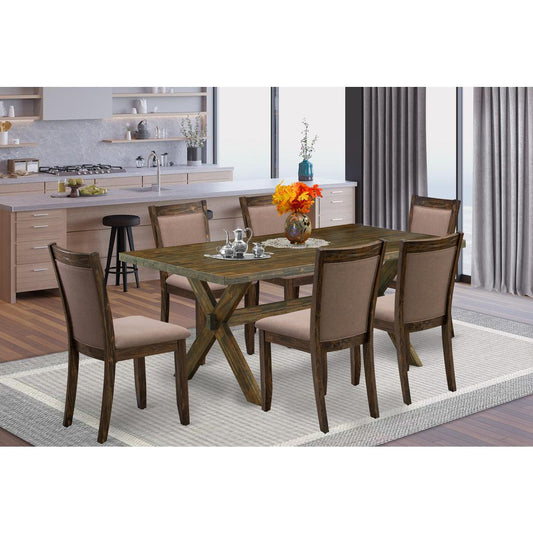 East West Furniture 7 Piece Wooden Kitchen Table Set - A Distressed Jacobean Top Dining Table with Trestle Base and 6 Coffee Linen Fabric Wood Dining Chairs - Distressed Jacobean Finish