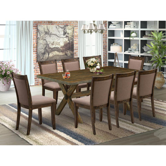 East West Furniture 9 Piece Kitchen Table Set - A Distressed Jacobean Top Kitchen Table with Trestle Base and 8 Coffee Linen Fabric Dinner Chairs - Distressed Jacobean Finish