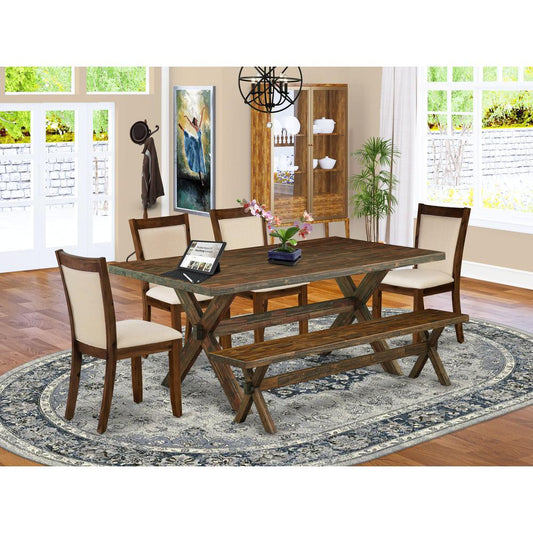 East West Furniture 6-Pc Mid Century Dining Set Consists of a Wood Table and a Dinner Bench with 4 Light Beige Linen Fabric Padded Chairs with Stylish Back - Distressed Jacobean Finish