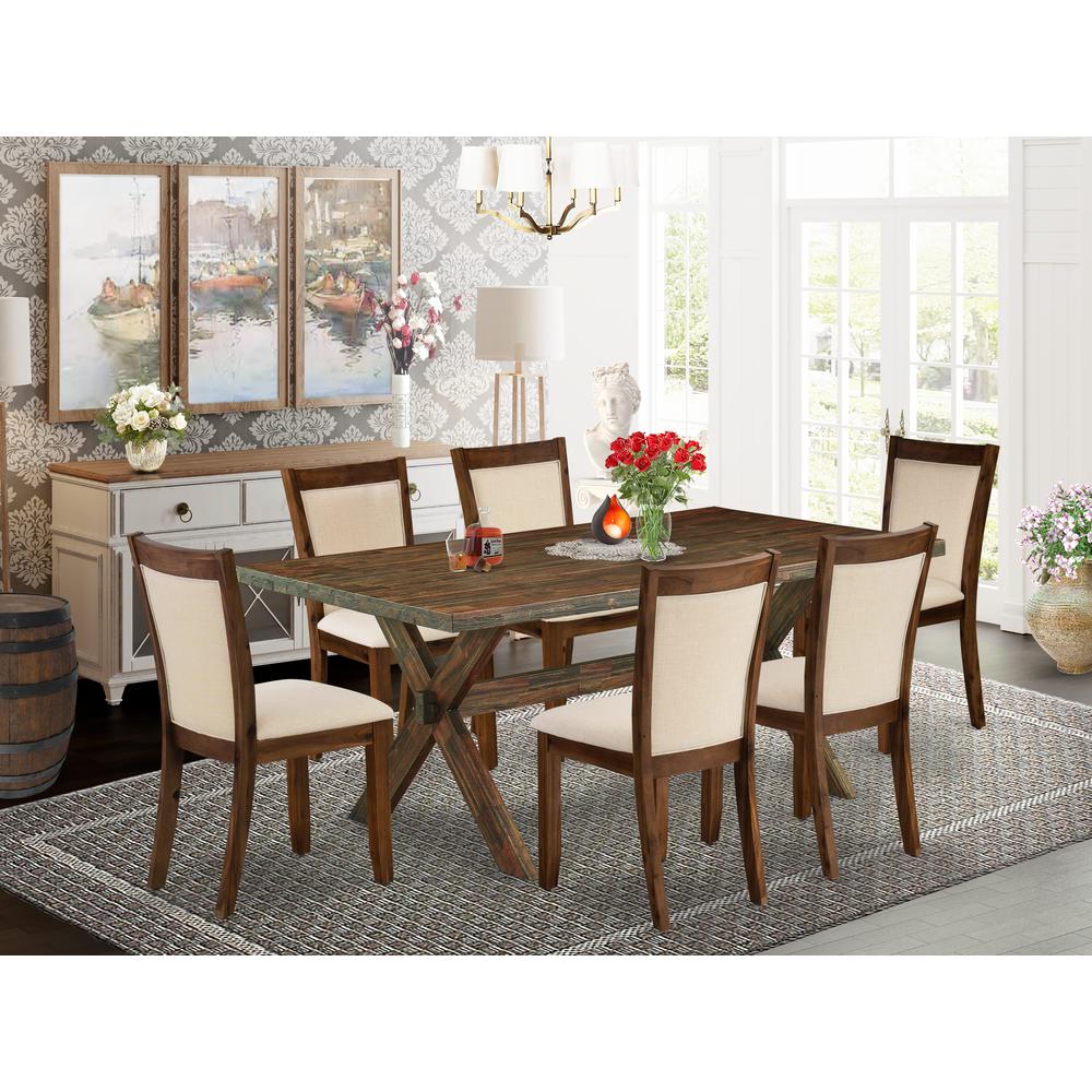 East West Furniture 7-Piece Dining Table Set Contains a Wooden Table and 6 Light Beige Linen Fabric Mid Century Dining Chairs with Stylish Back - Distressed Jacobean Finish