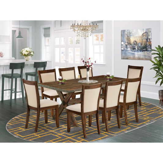 East West Furniture 9-Pc Kitchen Table Set Includes a Wooden Dining Table and 8 Light Beige Linen Fabric Mid Century Dining Chairs with Stylish Back - Distressed Jacobean Finish