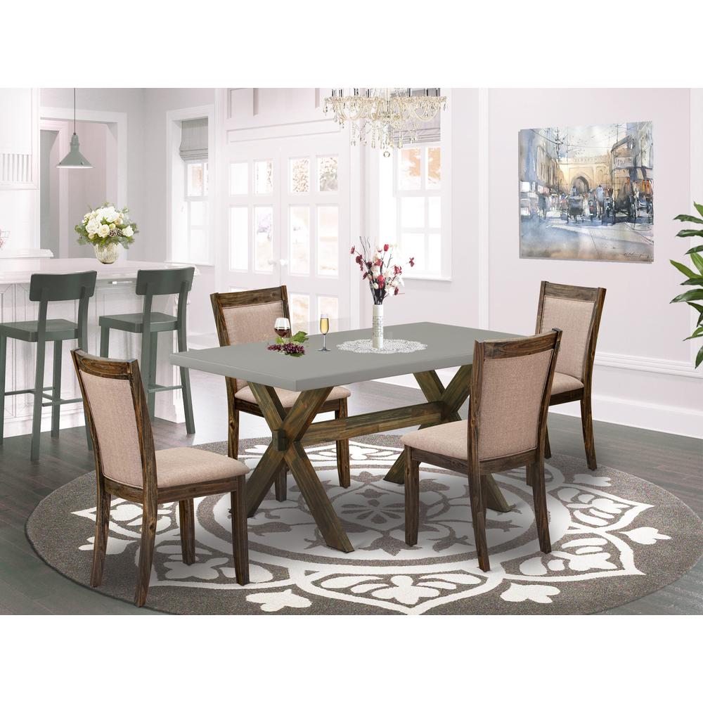 East West Furniture 5 Piece Contemporary Kitchen Dining Table Set - A Cement Top Kitchen Table with Trestle Base and 4 Dark Khaki Linen Fabric Dining Chairs - Distressed Jacobean Finish