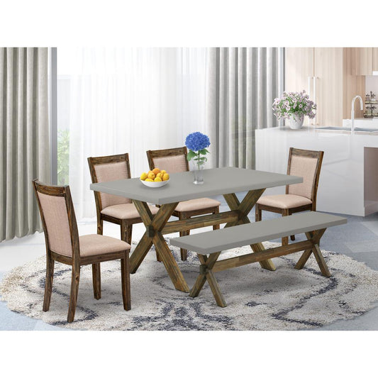 East West Furniture 6 Piece Dinning Room Set- A Cement Top Kitchen Table in Trestle Base with Wooden Bench and 4 Dark Khaki Linen Fabric Modern Chairs - Distressed Jacobean Finish