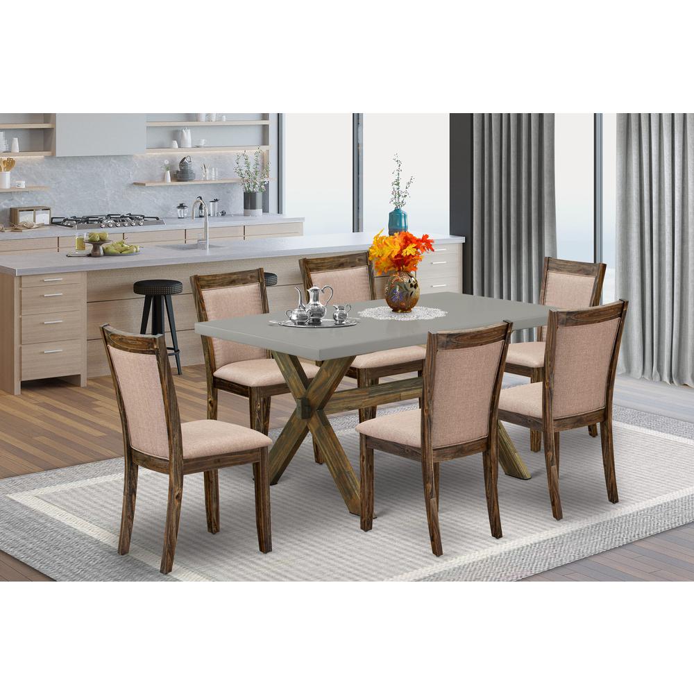 East West Furniture 7 Piece Contemporary Modern Dining Set - A Cement Top Dinner Table with Trestle Base and 6 Dark Khaki Linen Fabric Dining Room Chairs - Distressed Jacobean Finish