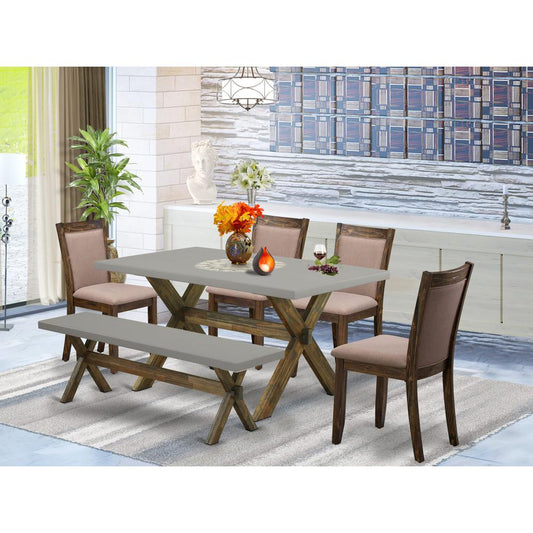 East West Furniture 6-Pc Dining Set - 4 Dining Chairs, a Dining Bench and 1 Dining Table (Distressed Jacobean Finish)