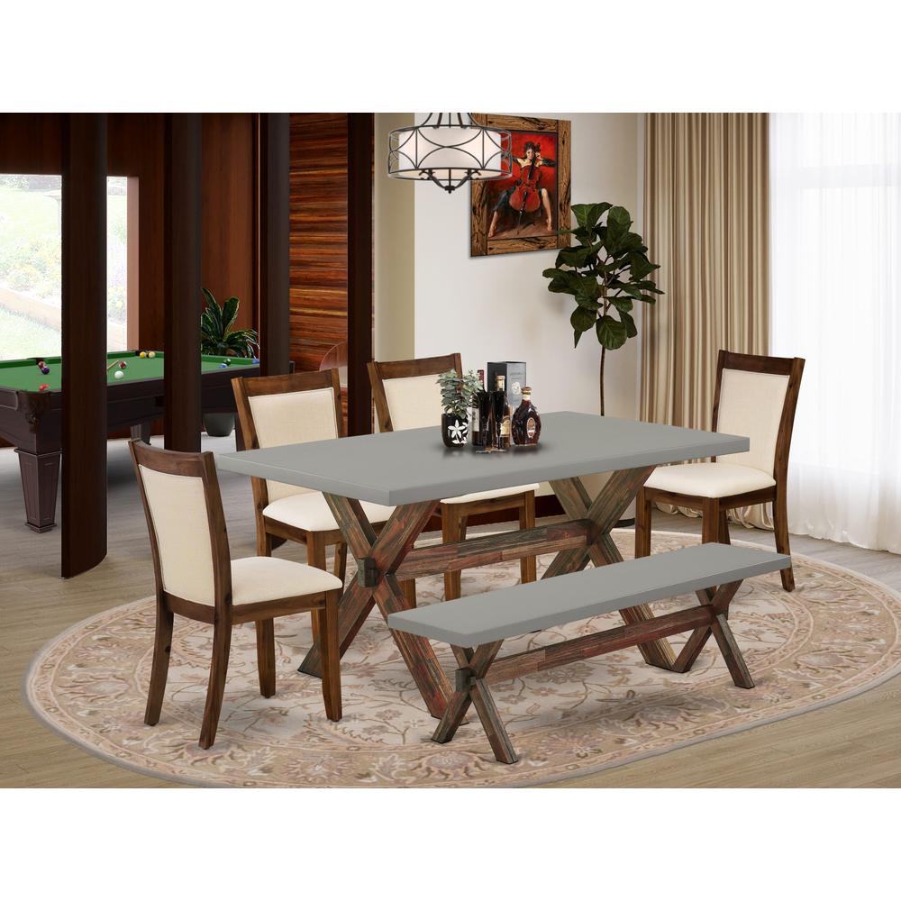 East West Furniture 6-Pc Table Set Contains a Rectangular Table and a Small Bench with 4 Light Beige Linen Fabric Parsons Chairs with Stylish Back - Distressed Jacobean Finish