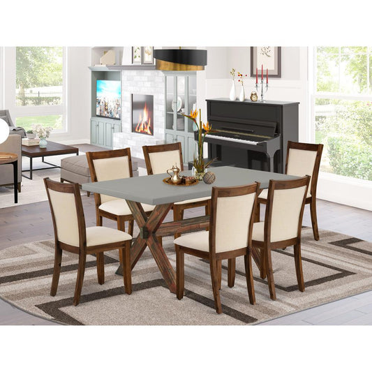 East West Furniture 7-Piece Dining Set Includes a Wooden Kitchen Table and 6 Light Beige Linen Fabric Dining Room Chairs with Stylish Back - Distressed Jacobean Finish