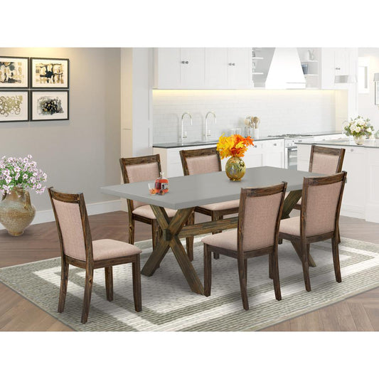 East West Furniture 7 Piece Contemporary Dining Table Set - A Cement Top Breakfast Table with Trestle Base and 6 Dark Khaki Linen Fabric Wood Dining Chairs - Distressed Jacobean Finish