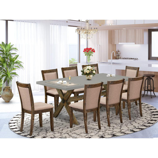 East West Furniture 9 Piece Innovative Dining Set - A Cement Top Kitchen Table with Trestle Base and 8 Dark Khaki Linen Fabric Kitchen & Dining Room Chairs - Distressed Jacobean Finish