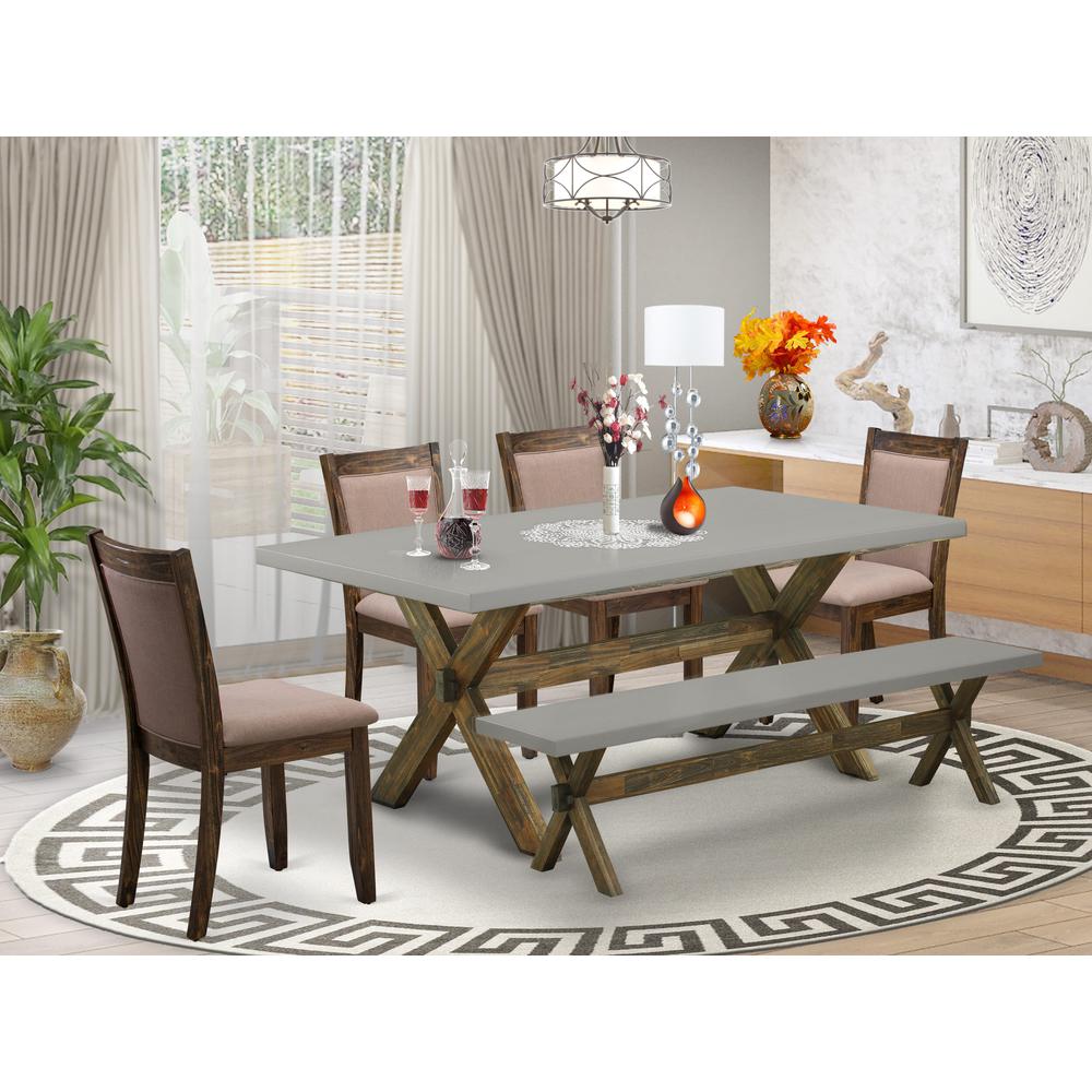 East West Furniture 6 Piece Modern Dining Table Set- A Cement Top Kitchen Table in Trestle Base with Small Wood Bench and 4 Coffee Linen Fabric Dining Chairs - Distressed Jacobean Finish