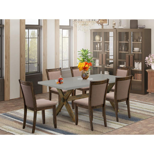 East West Furniture 7 Piece Modern Dinner Table Set - A Cement Top Dining Room Table with Trestle Base and 6 Coffee Linen Fabric Mid Century Dining Chairs - Distressed Jacobean Finish