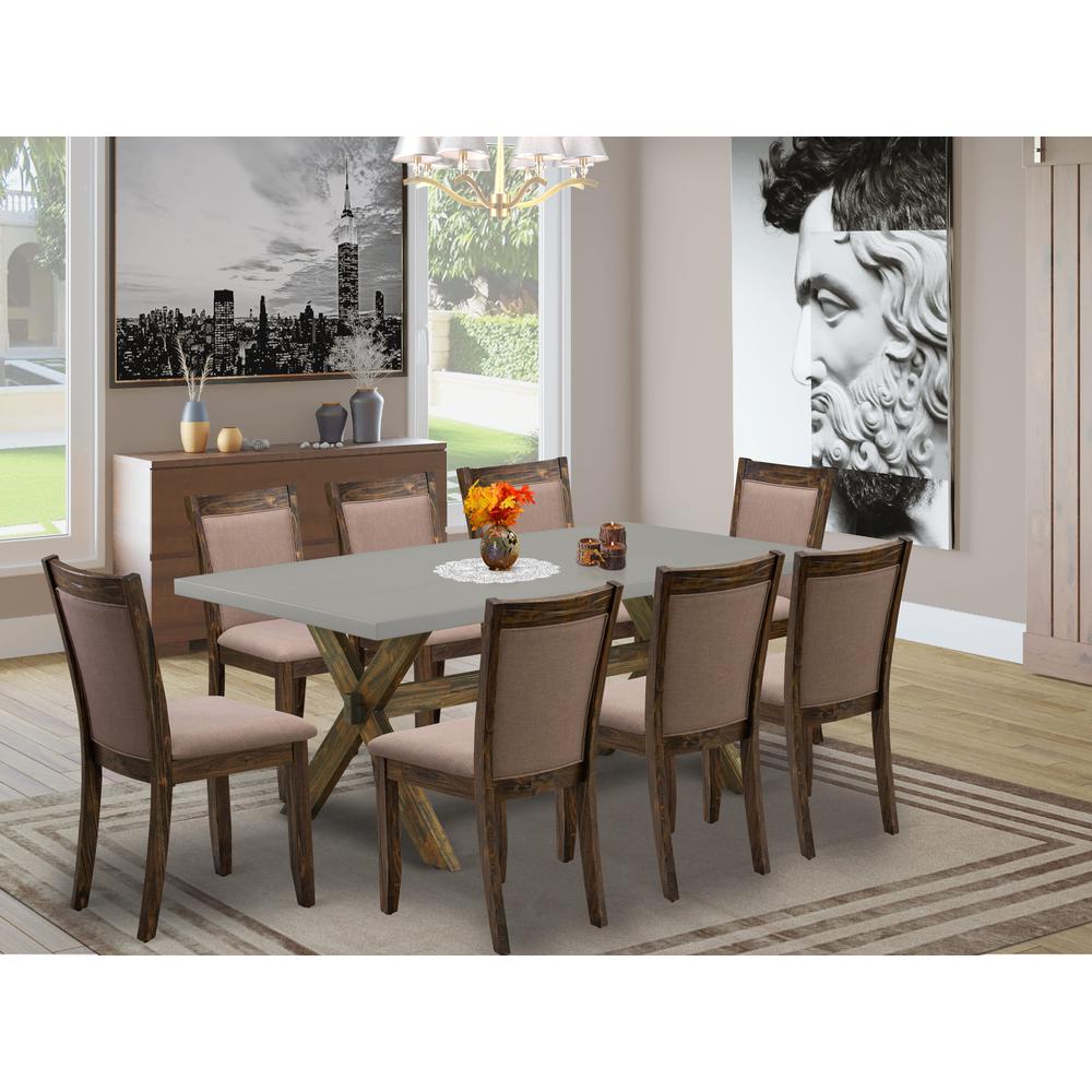 East West Furniture 9 Piece Dining Room Table Set - A Cement Top Wooden Dining Table with Trestle Base and 8 Coffee Linen Fabric Modern Dining Chairs - Distressed Jacobean Finish