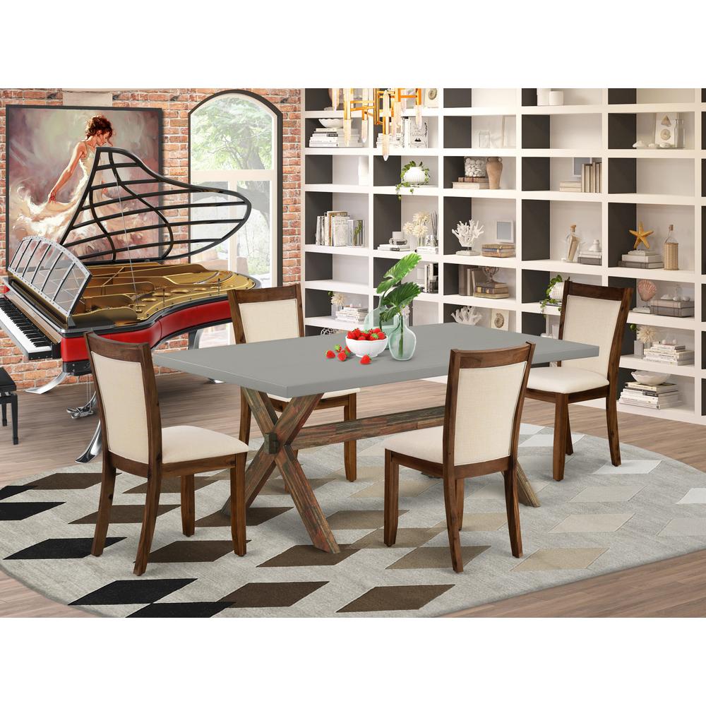 East West Furniture 5-Pc Dinner Table Set Consists of a Wood Dining Table and 4 Light Beige Linen Fabric Upholstered Dining Chairs with Stylish Back - Distressed Jacobean Finish