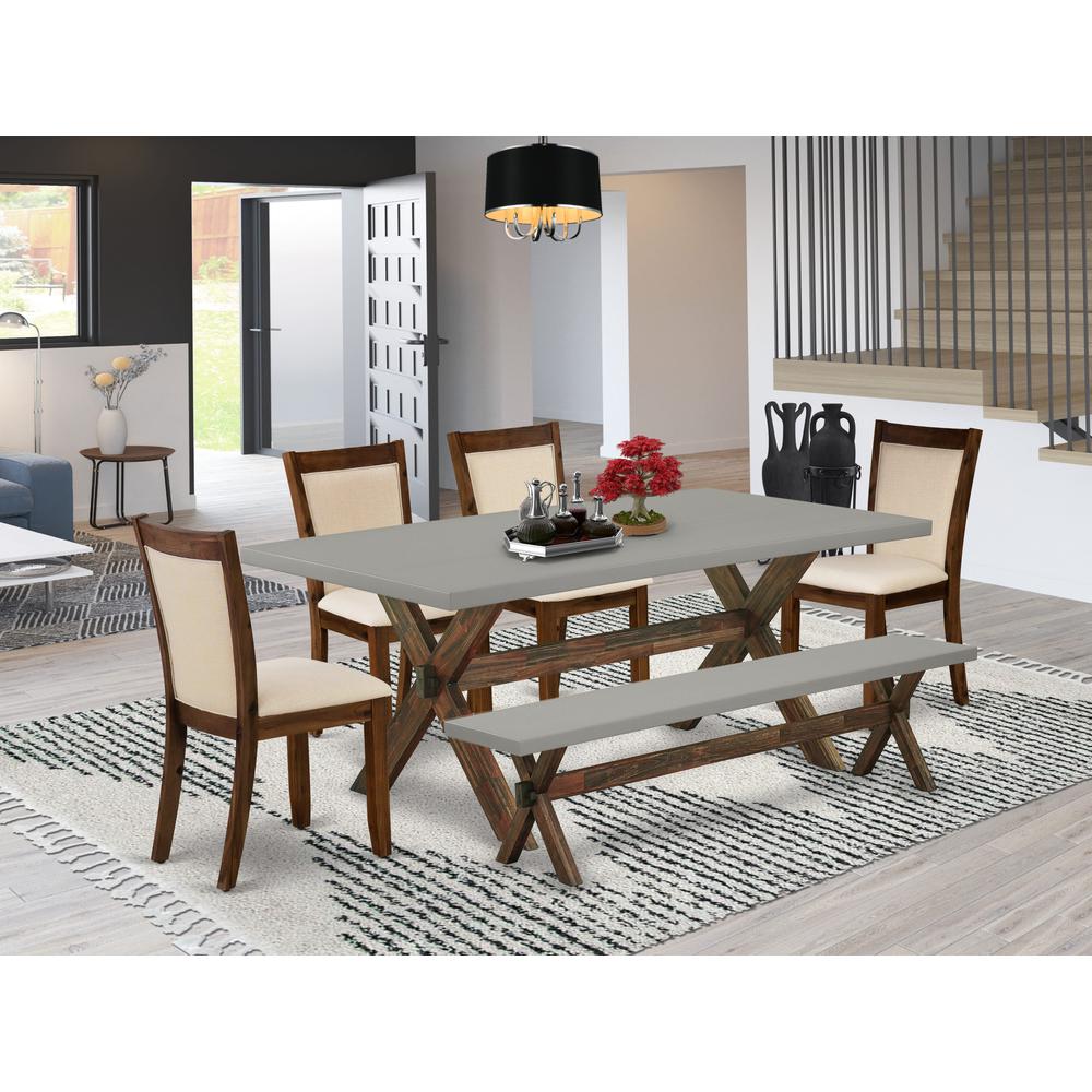 East West Furniture 6-Piece Table Set Contains a Dining Table and a Small Dining Bench with 4 Light Beige Linen Fabric Upholstered Chairs with Stylish Back - Distressed Jacobean Finish