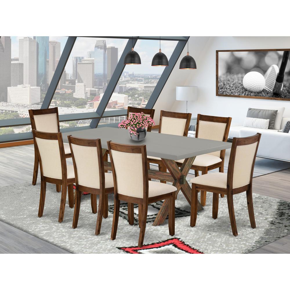 East West Furniture 9-Piece Mid Century Dining Table Set Consists of a Wooden Table and 8 Light Beige Linen Fabric Upholstered Dining Chairs with Stylish Back - Distressed Jacobean Finish