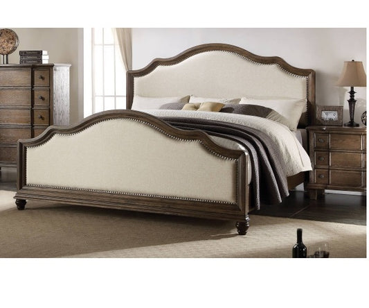 Baudouin Eastern King Bed, Beige Linen & Weathered Oak (1Set/3Ctn)