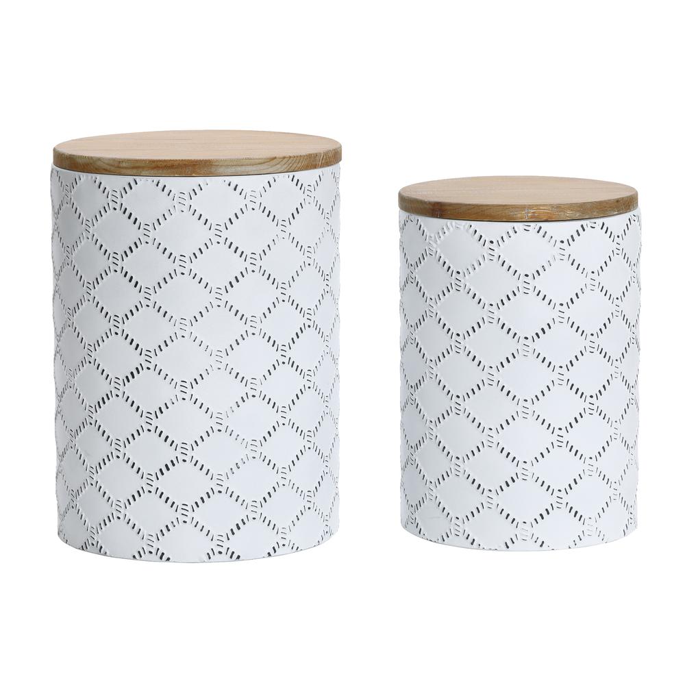 Set of 2 White Round Metal Side and End Tables with Enclosed Storage