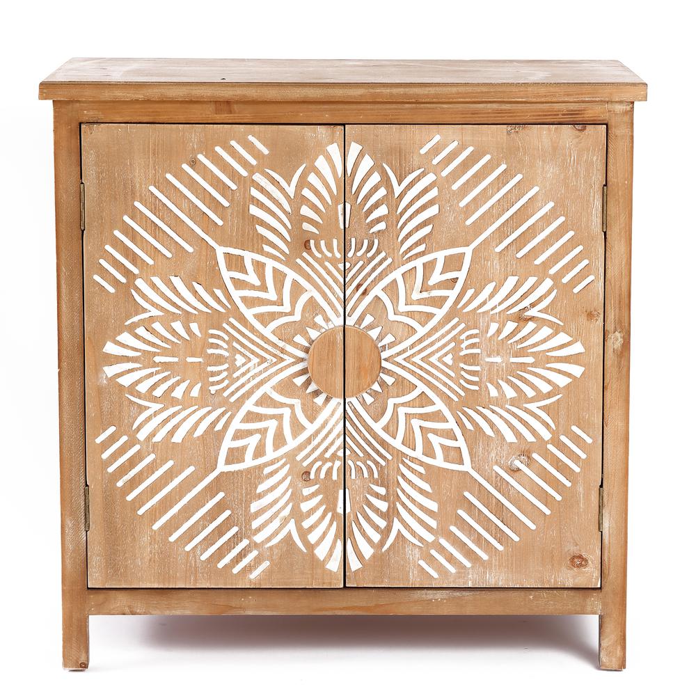 Natural Wood Floral 2-Door Storage Cabinet