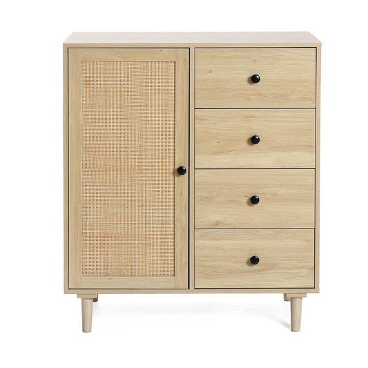 White Oak Finish Wood and Rattan 1-Door 4-Drawer Storage Cabinet