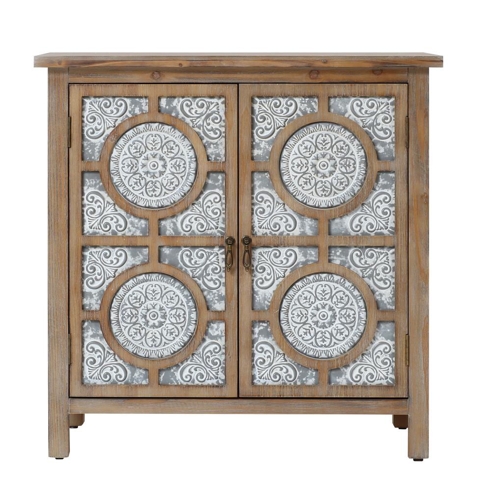 31.5-Inch Wide Floral Lattice Metal 2-Door Farmhouse Pine Wood Storage Cabinet