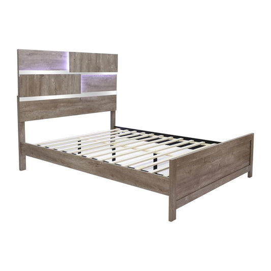 Farmhouse Panel Queen Platform Bed Headboard and Footboard Set with Lights