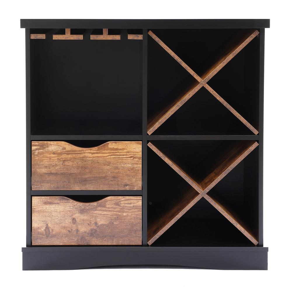 Black and Brown Wood 2-Drawer X-Storage Wine Cabinet