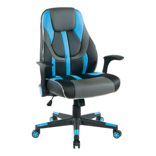 Output Gaming Chair in Black Faux Leather with Blue Trim and Accents with Controllable RGB LED Light piping., OUT25-BLU