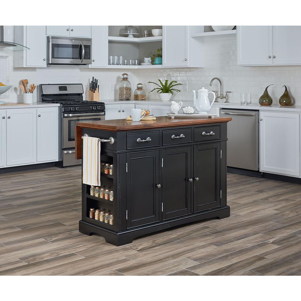 Country Kitchen Large Kitchen Island in Black Finish with Vintage Oak Top with Drop Leaf, BP-4202-943DL