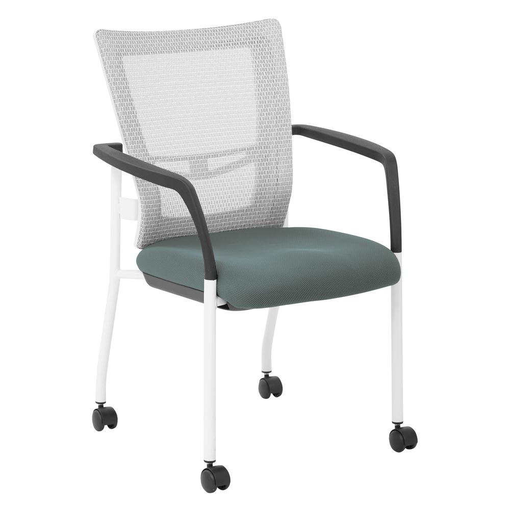 ProGrid¬Æ Mesh Back with Padded Grey Fabric Seat Visitors Chair with Arms and White Finish Frame with Casters, 8840W-2M