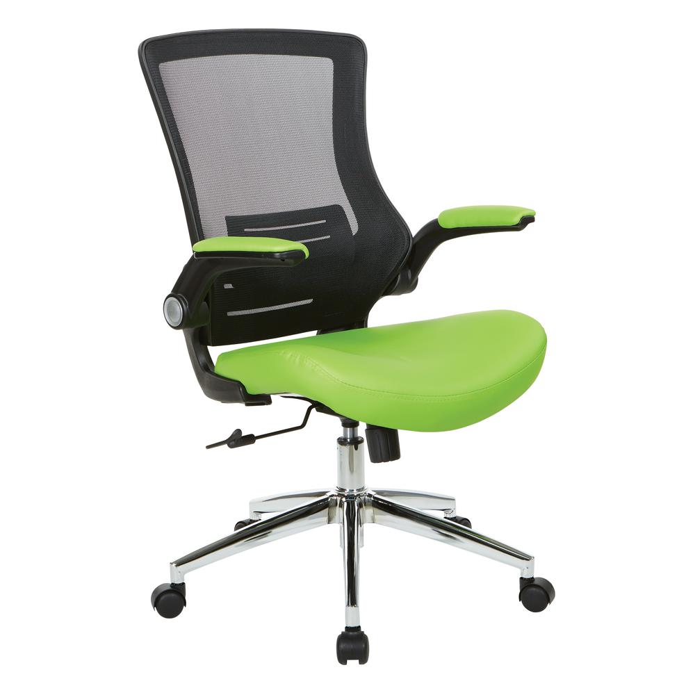 Black Screen Back Manager's Chair with Green Faux Leather Seat and Padded Flip Arms with Silver Accents, EM60926C-U16