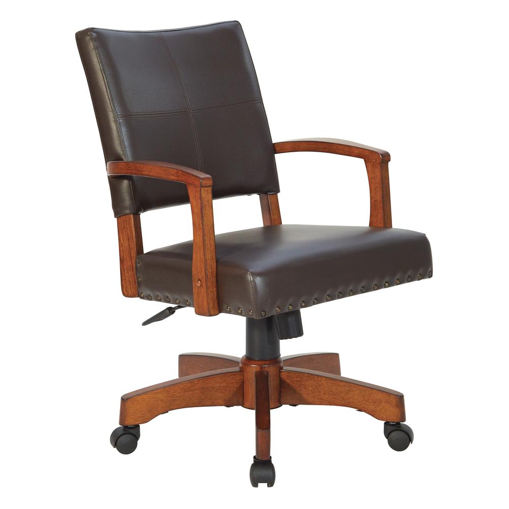 Deluxe Wood Bankers Chair in Espresso Faux Leather with Antique Bronze Nailheads and Medium Brown Wood, 109MB-ES