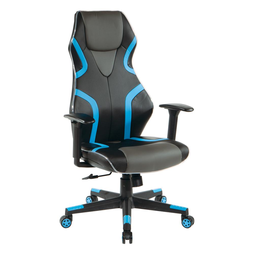 Rogue Gaming Chair in Black Faux Leather with Blue Trim and Accents with Controllable RGB LED Light piping., ROG25-BLU