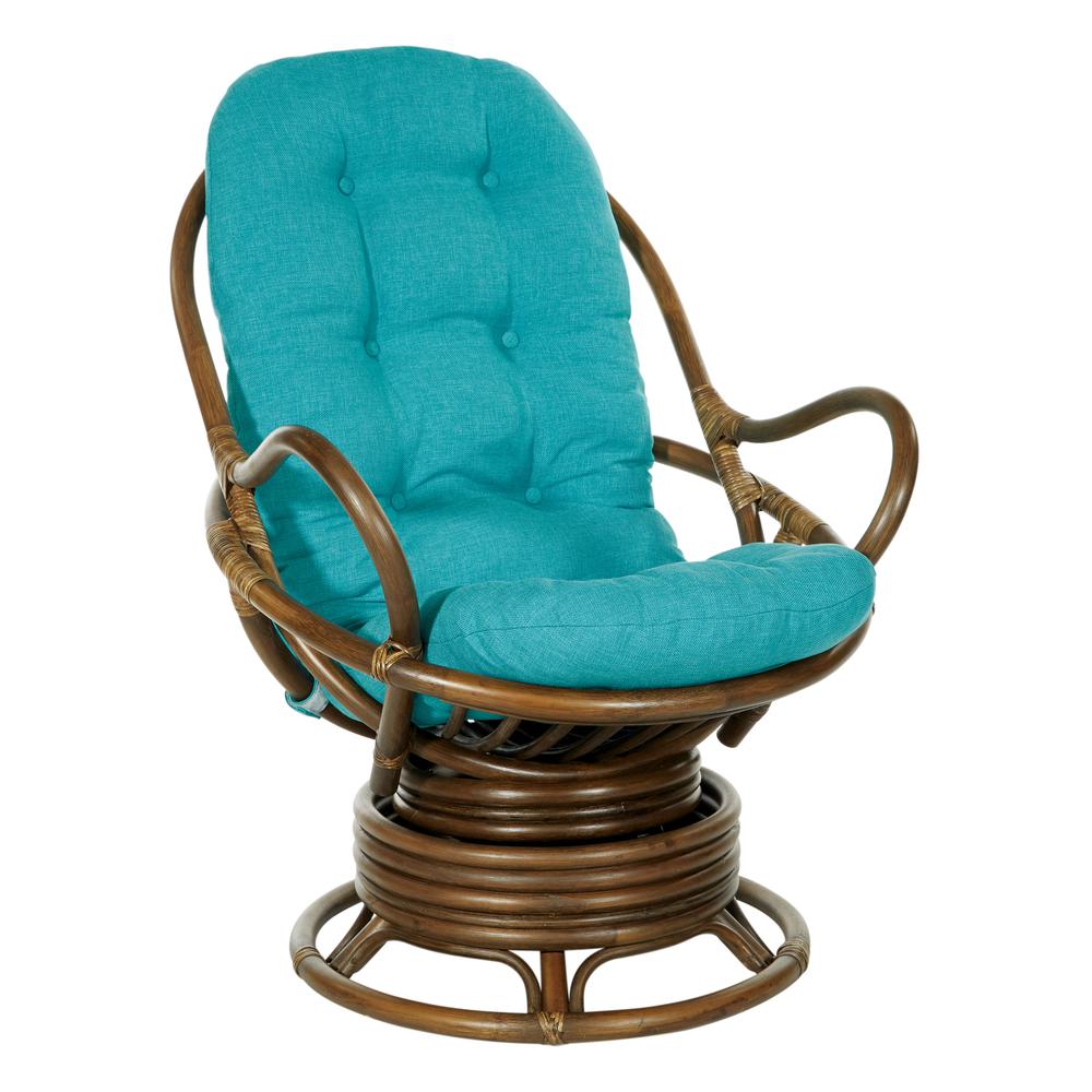 Kauai Rattan Swivel Rocker Chair in Blue Fabric and Brown Frame, KAU320-BL