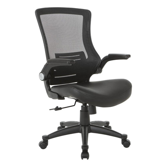 Screen Back Manager's Chair in Black Faux Leather Seat with PU Padded Flip Arms with Silver Accents, EM60926P-U6