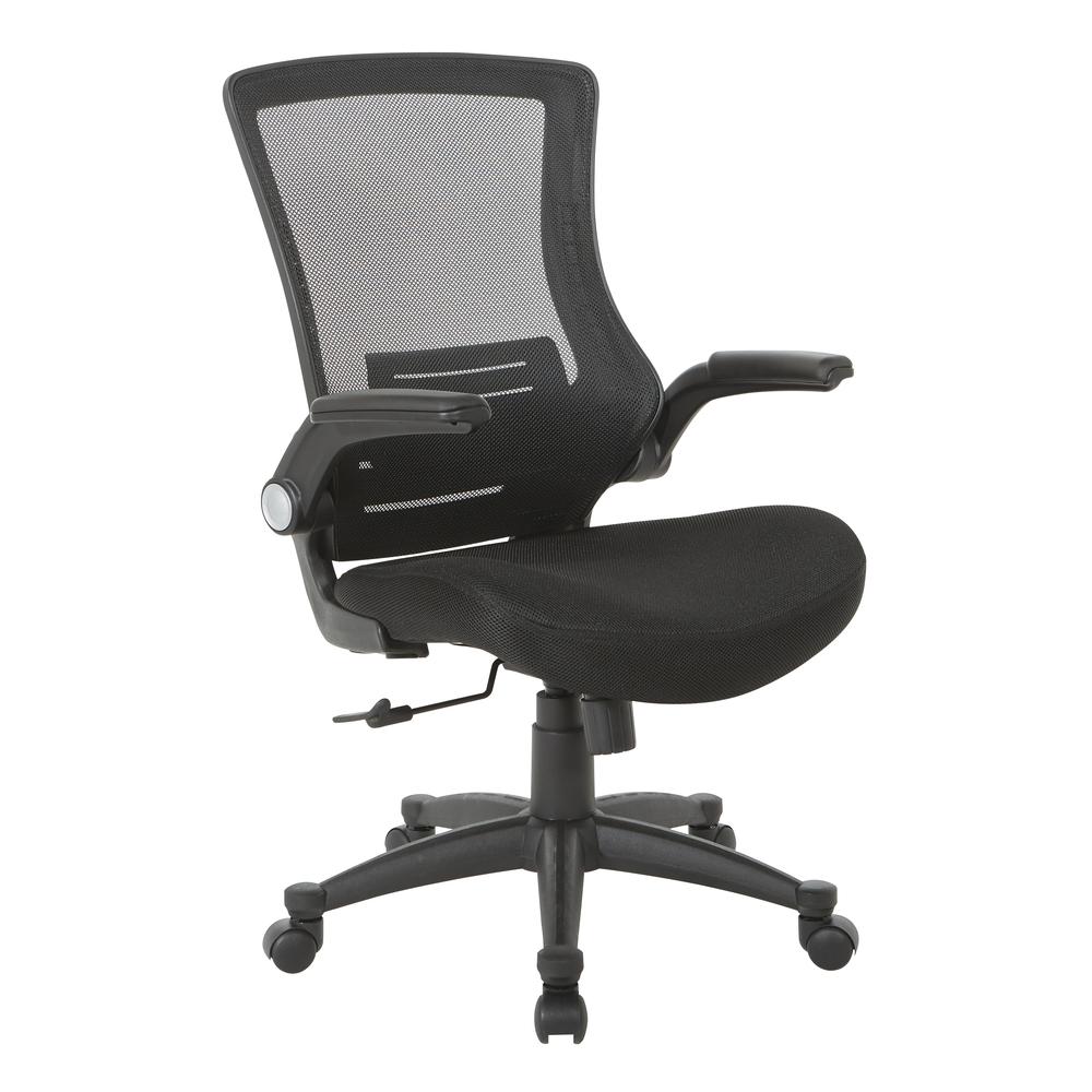 Screen Back Manager's Chair in Black Mesh Seat with PU Padded Flip Arms with Silver Accents, EM60926P-3M