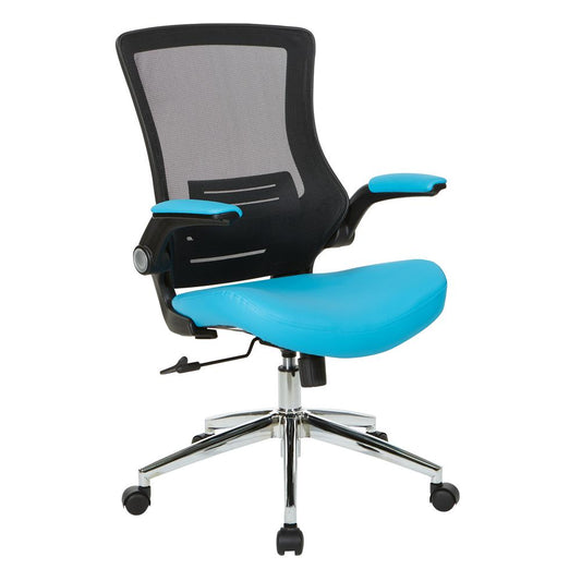 Black Screen Back Manager's Chair with Blue Faux Leather Seat and Padded Flip Arms with Silver Accents, EM60926C-U7