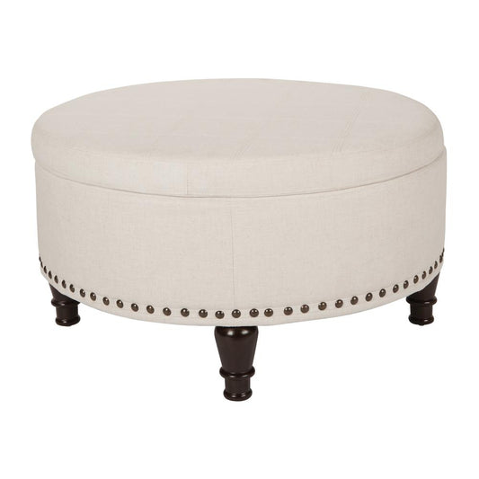 Augusta Round Storage Ottoman in Linen Fabric with decorative nailheads, BP-AUOT32-L32