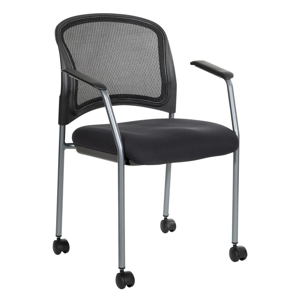 Titanium Finish Rolling Visitors Chair With Casters, Arms and upholstered Contour Back. Black FreeFlex¬Æ (-30) Fabric or Custom Fabric Choices. Stacking Chair, 86740R-30