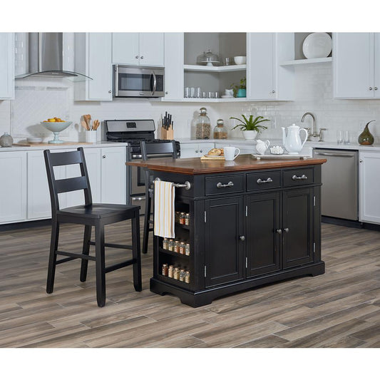 Country Kitchen Large Kitchen Island in Black Finish with Vintage Oak Top with Drop Leaf Includes Two Matching Stools, BP-4202-943DL8