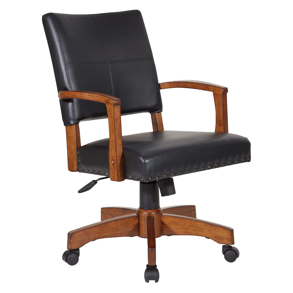 Deluxe Wood Bankers Chair in Black Faux Leather with Antique Bronze Nailheads and Medium Brown Wood, 109MB-BK