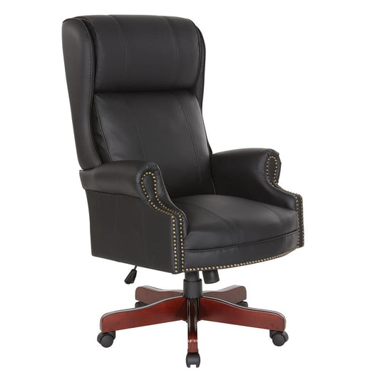 Traditional Executive High Back Chair with Black Vinyl and Brass Finish Nail Trim Upholstery, TEX280-3