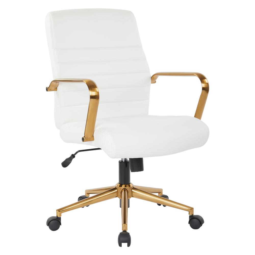 Mid-Back White Faux Leather Chair with Gold Finish Arms and Base K/D, FL22991G-U11