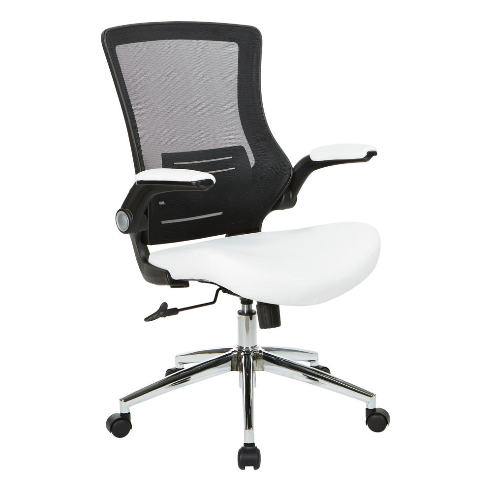 Black Screen Back Manager's Chair with White Faux Leather Seat and Padded Flip Arms with Silver Accents, EM60926C-U11