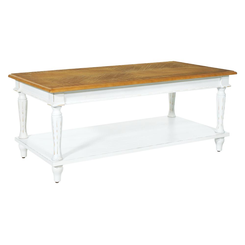 Medford Coffee Table with white distressed faces with natural veneer tops, MED12-DWH