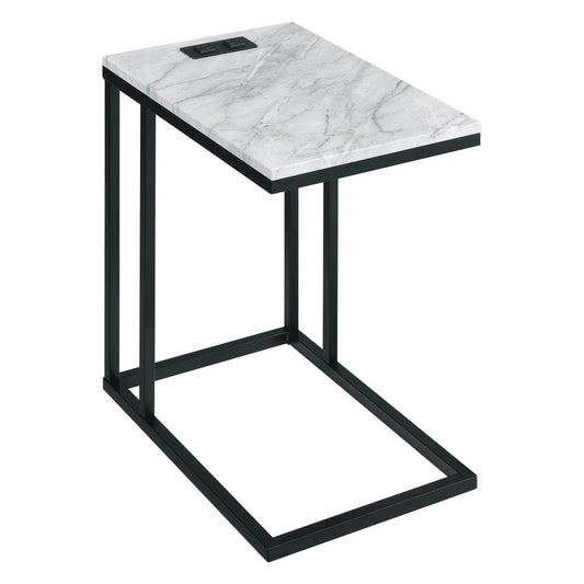 Norwich C-Table with Black Base and White Marble Top Including Built in Power Port, NRWWM-BLK