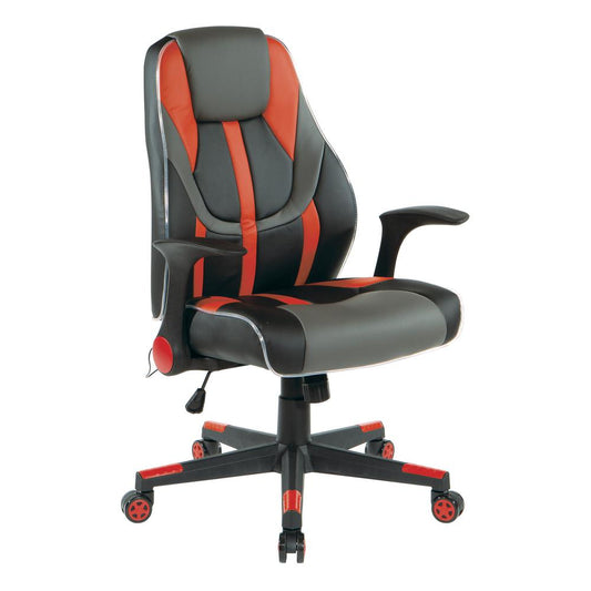 Output Gaming Chair in Black Faux Leather with Red Trim and Accents with Controllable RGB LED Light Piping., OUT25-RD