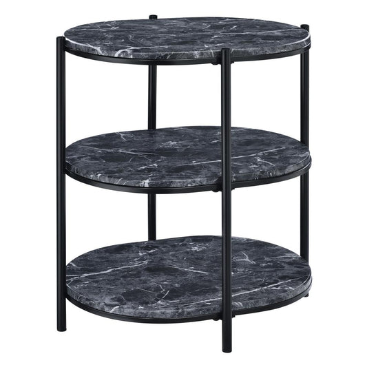 Renton 3-Tier Oval Table with Black Marble Shelves and Black Frame