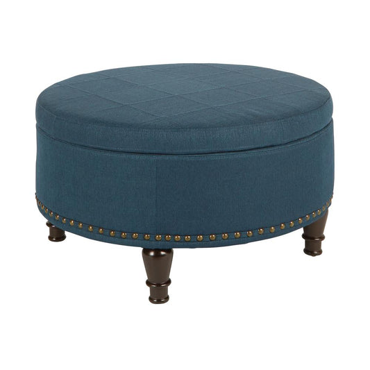 Augusta Round Storage Ottoman in Klein Azure Fabric  with decorative nailheads, BP-AUOT32-K14