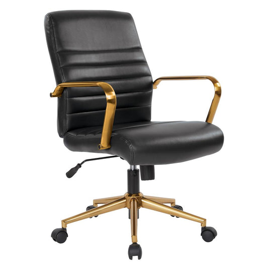 Mid-Back Black Faux Leather Chair with Gold Finish Arms and Base K/D, FL22991G-U6